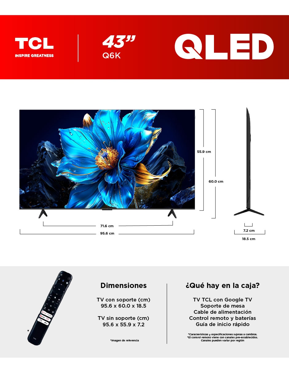 Pantalla qled de 43 pulgadas 4k/uhd 43q6k con google tv 16