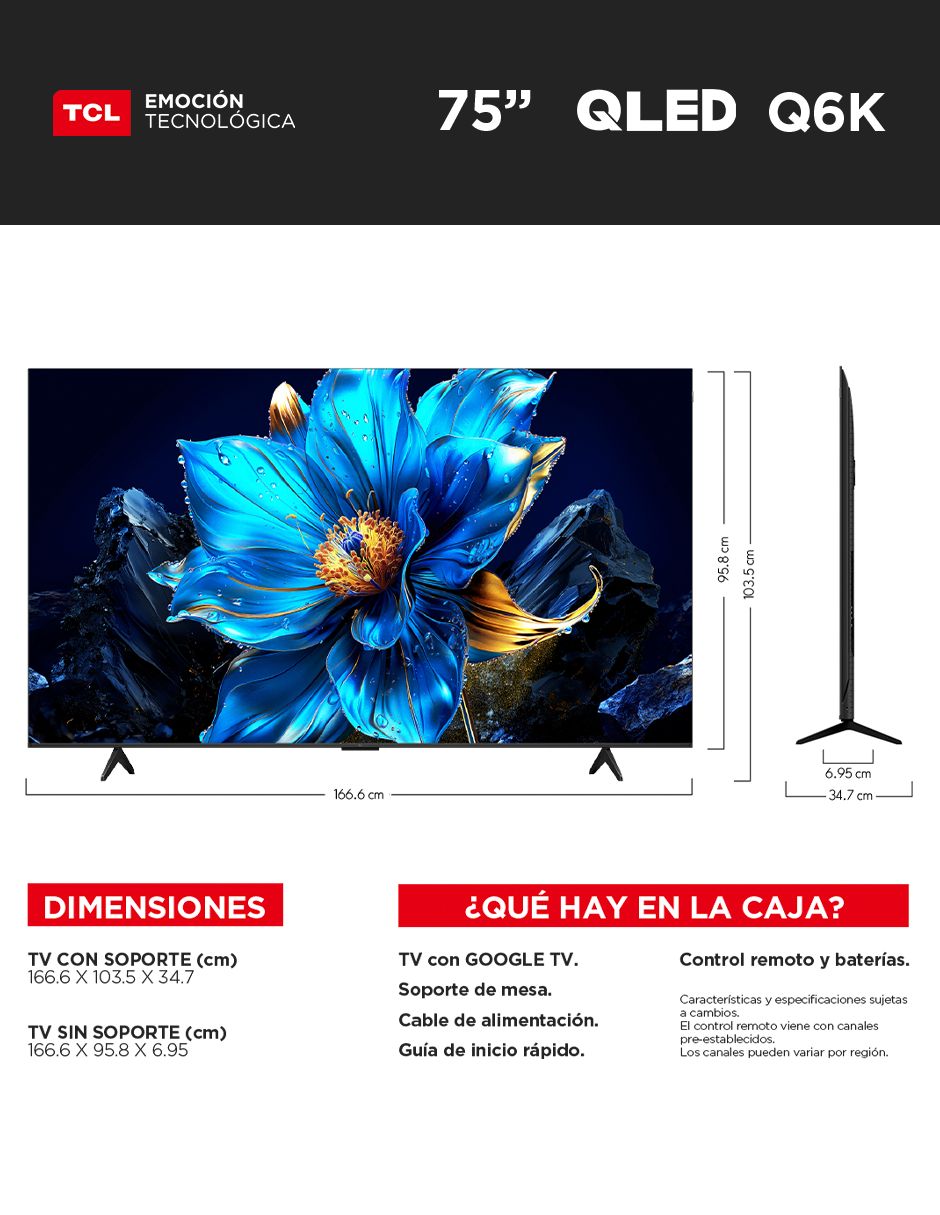Pantalla Tcl QLED de 75 pulgadas 4K/UHD 75Q6K con Google TV
