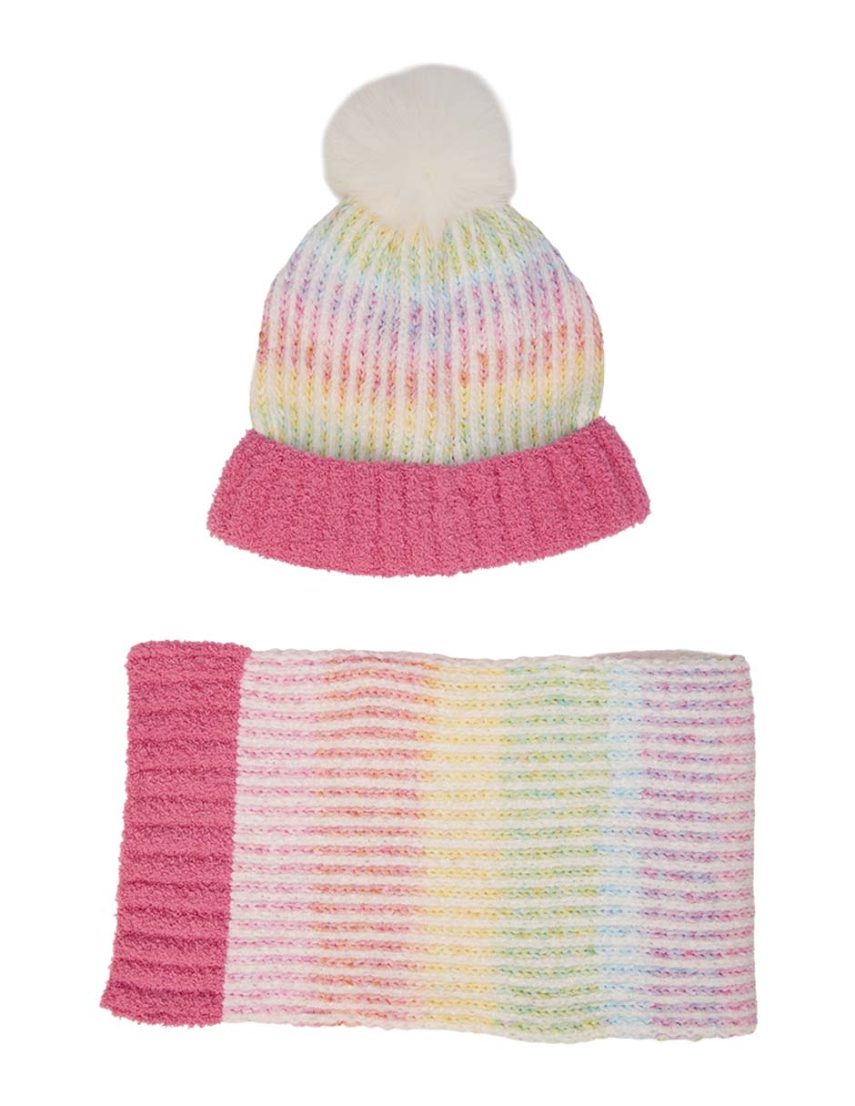 Set bufanda y gorro estampado bloques de color con pompón de niña Set bufanda y gorro estampado bloques de color con pompón de niña