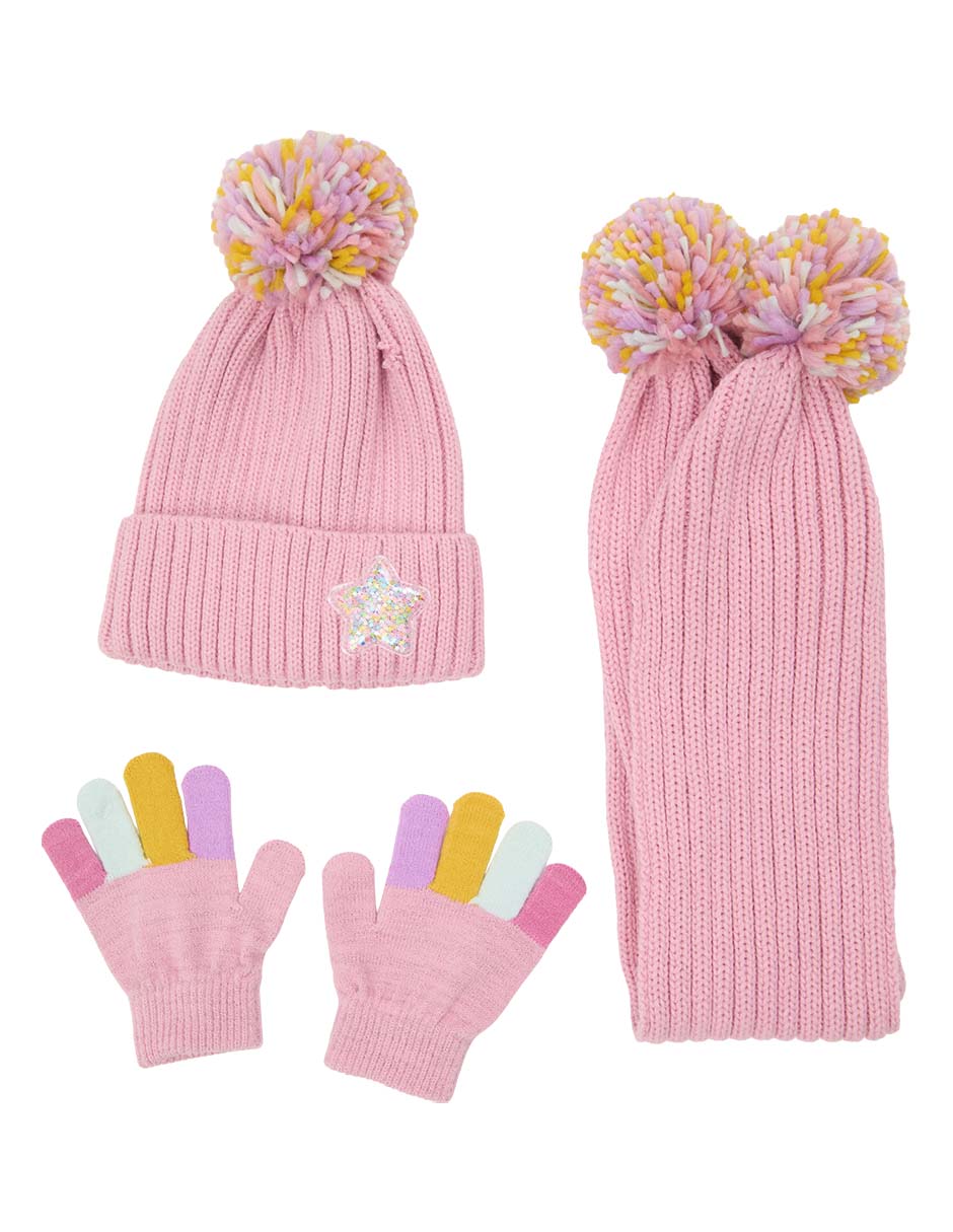 Set gorro, guantes y bufanda con pompón de niña Set gorro, guantes y bufanda con pompón de niña