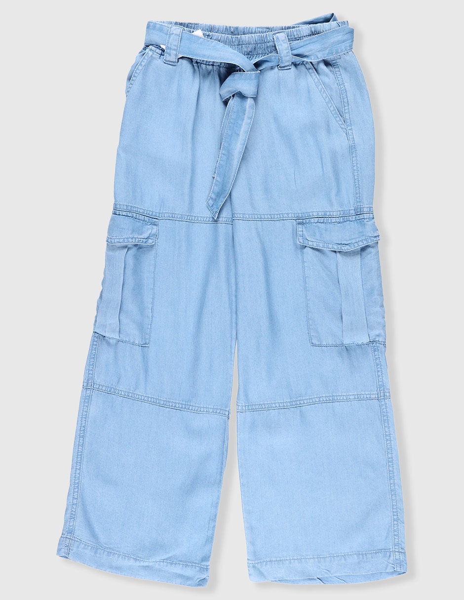 Jeans cargo wide leg lavado claro para niña 1