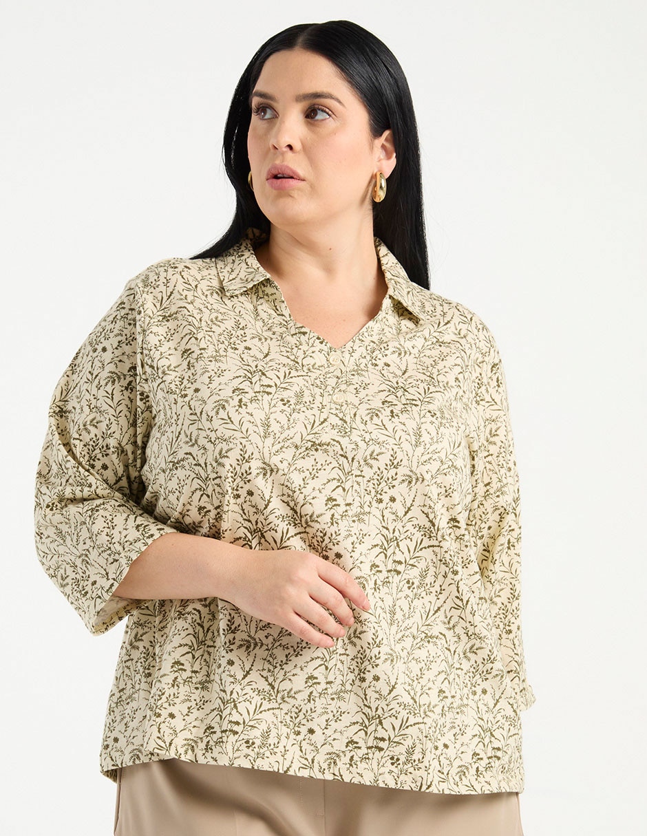 Blusa manga 3/4 cuello camisero para mujer Blusa manga 3/4 cuello camisero para mujer