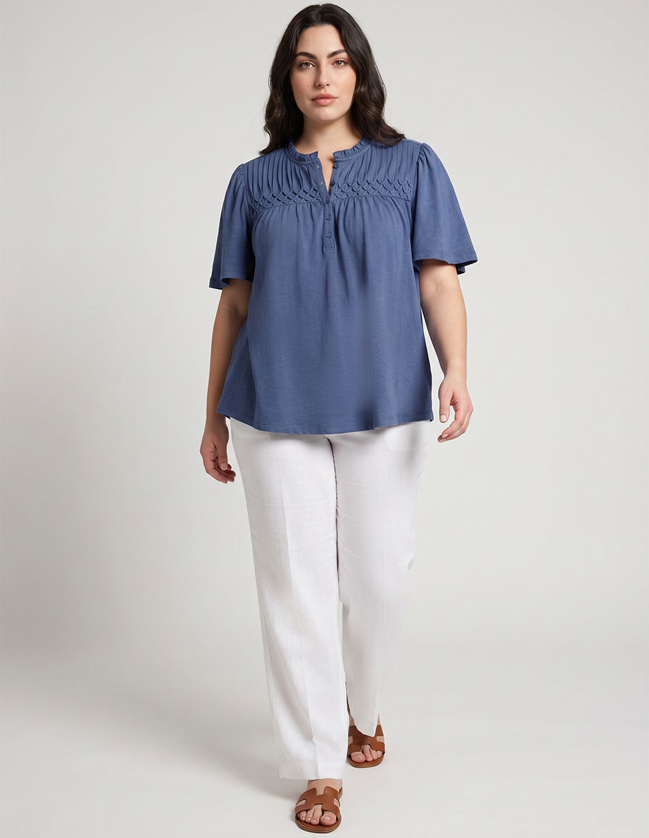 Playera manga al codo cuello con botón para mujer Playera manga al codo cuello con botón para mujer