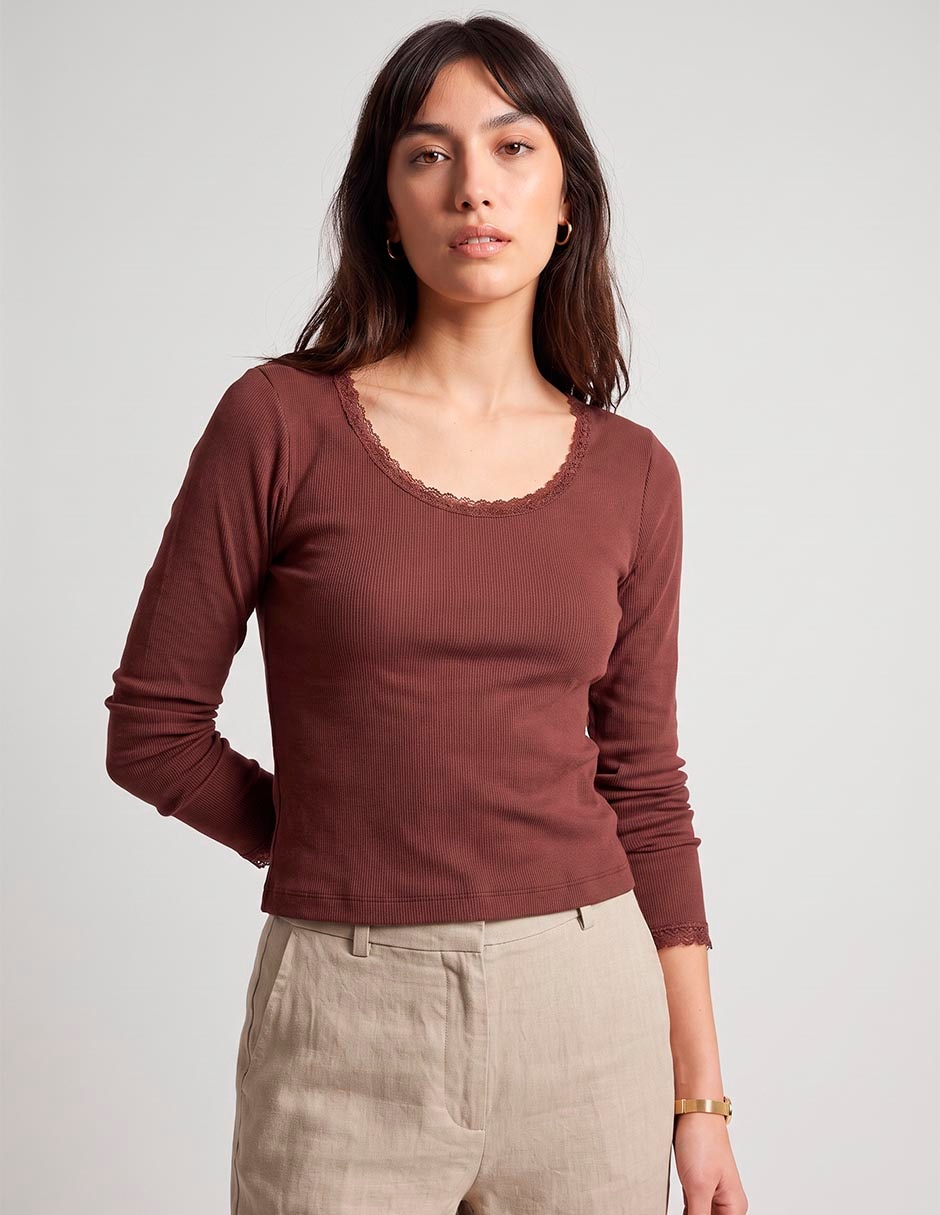 Playera manga larga cuello redondo mujer