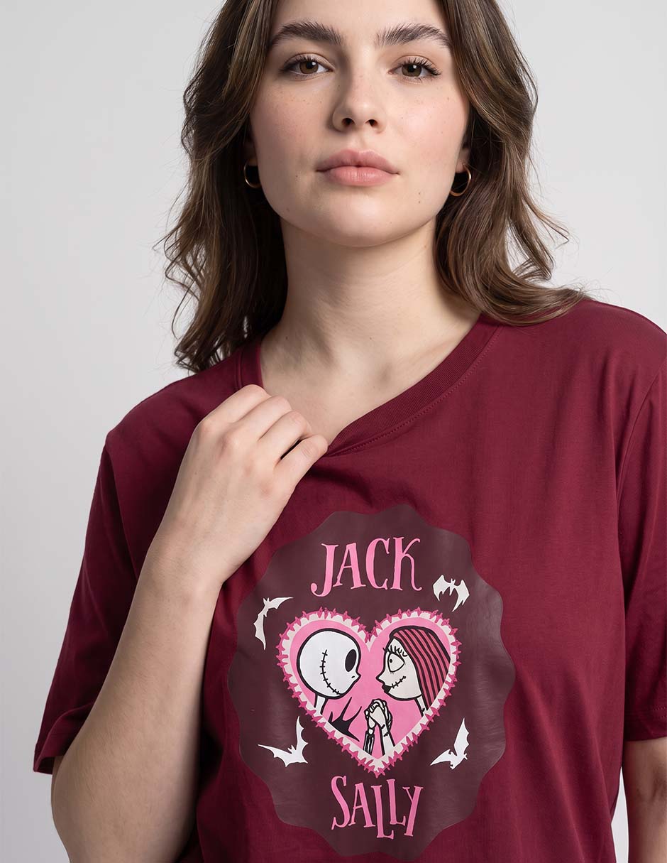 Playera manga corta disnet dtr jack y sally cuello redondo para mujer 3