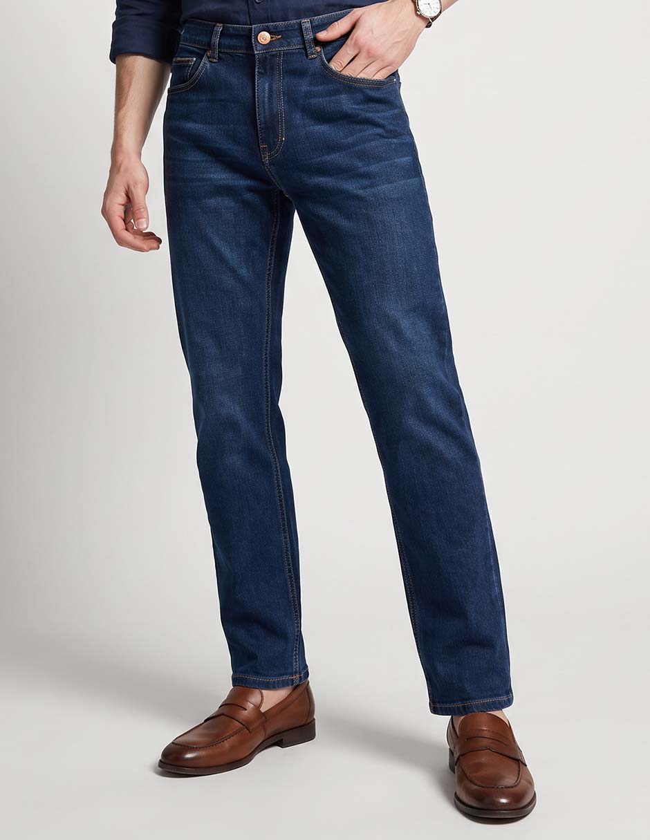 Jeans recto contempo lavado whisker para hombre