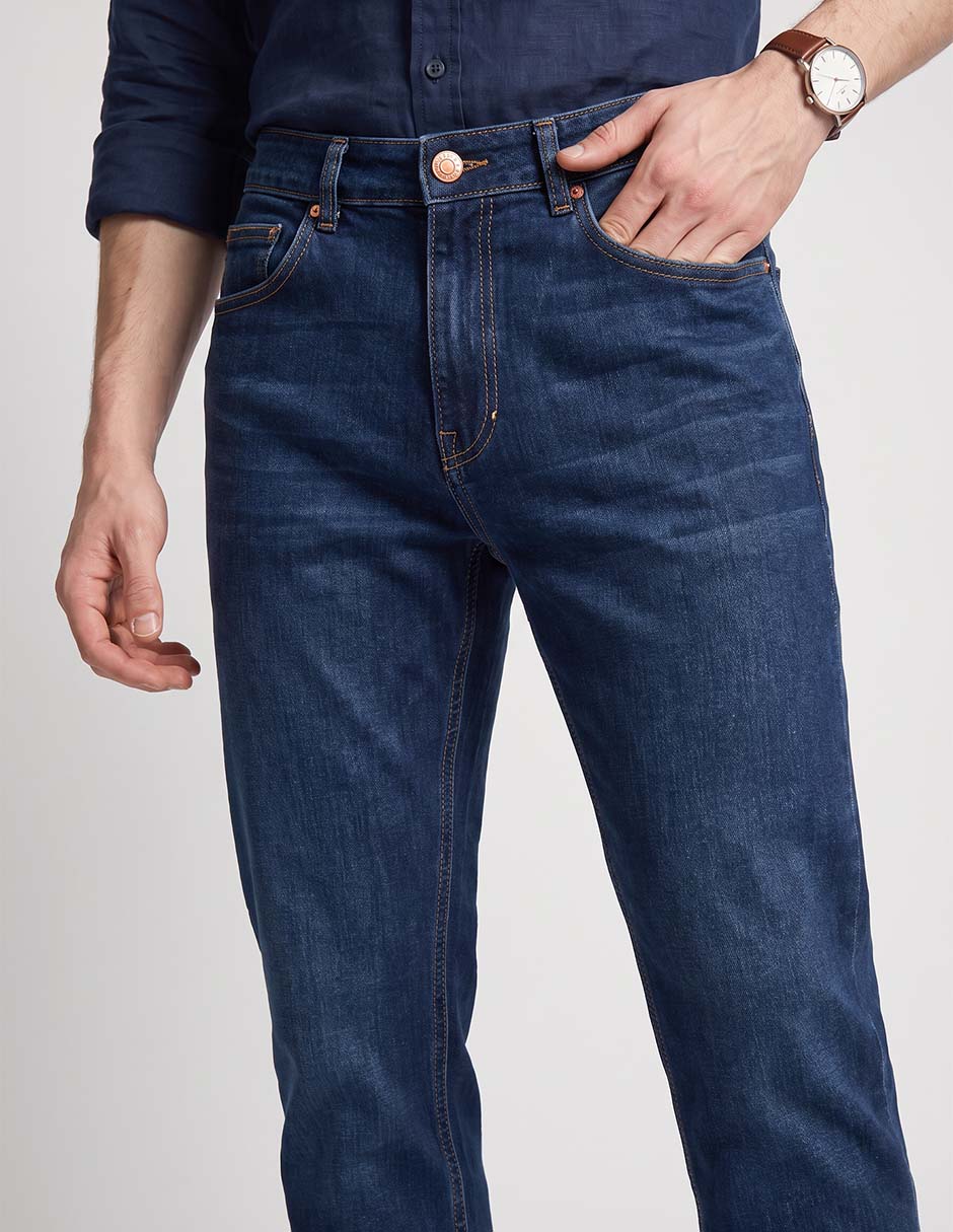 Jeans recto contempo lavado whisker para hombre